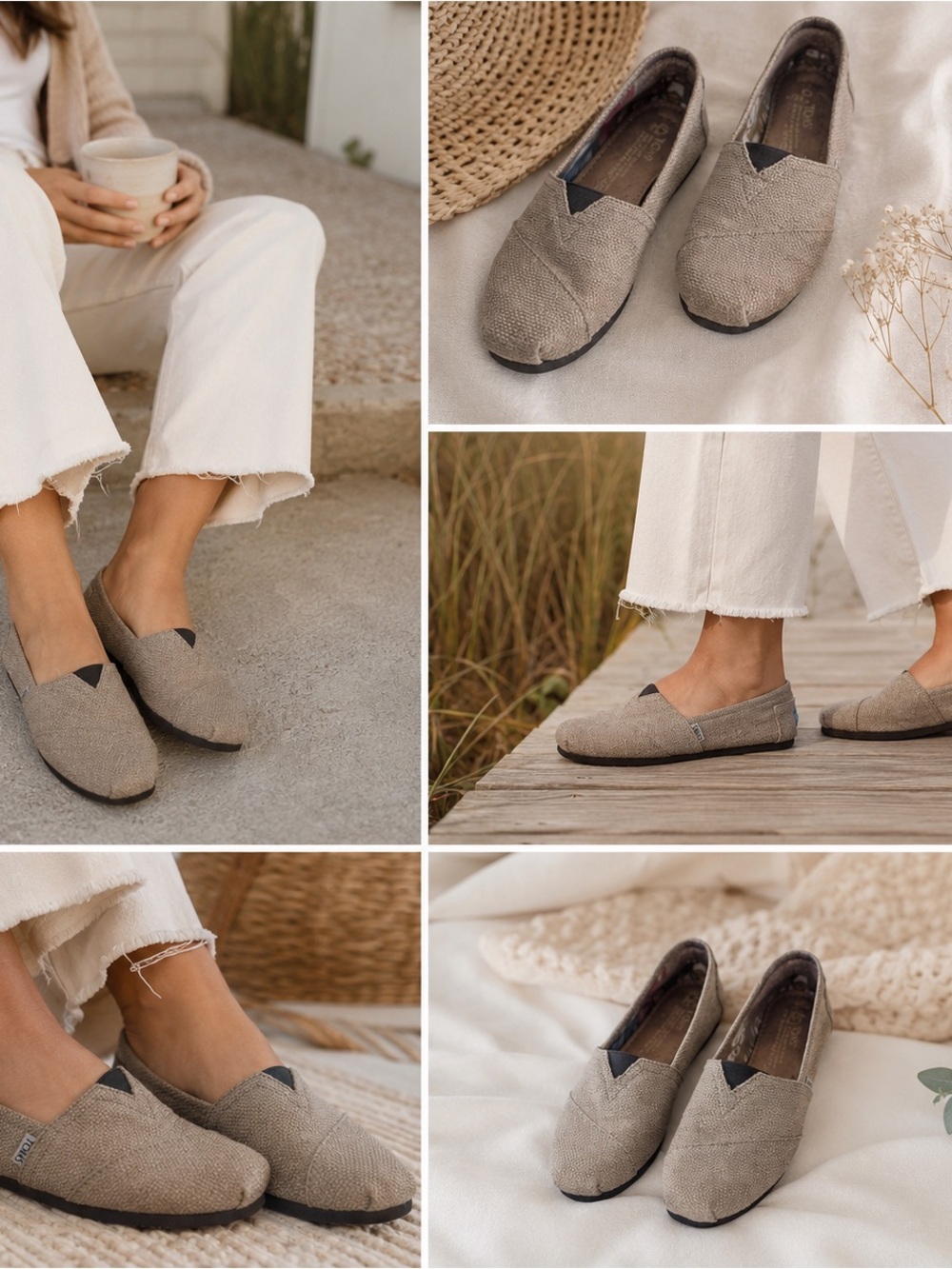 TOMS Flats 6.5 Beige Canvas Slip On Shoes Casual Coastal Minimalist Comfortable